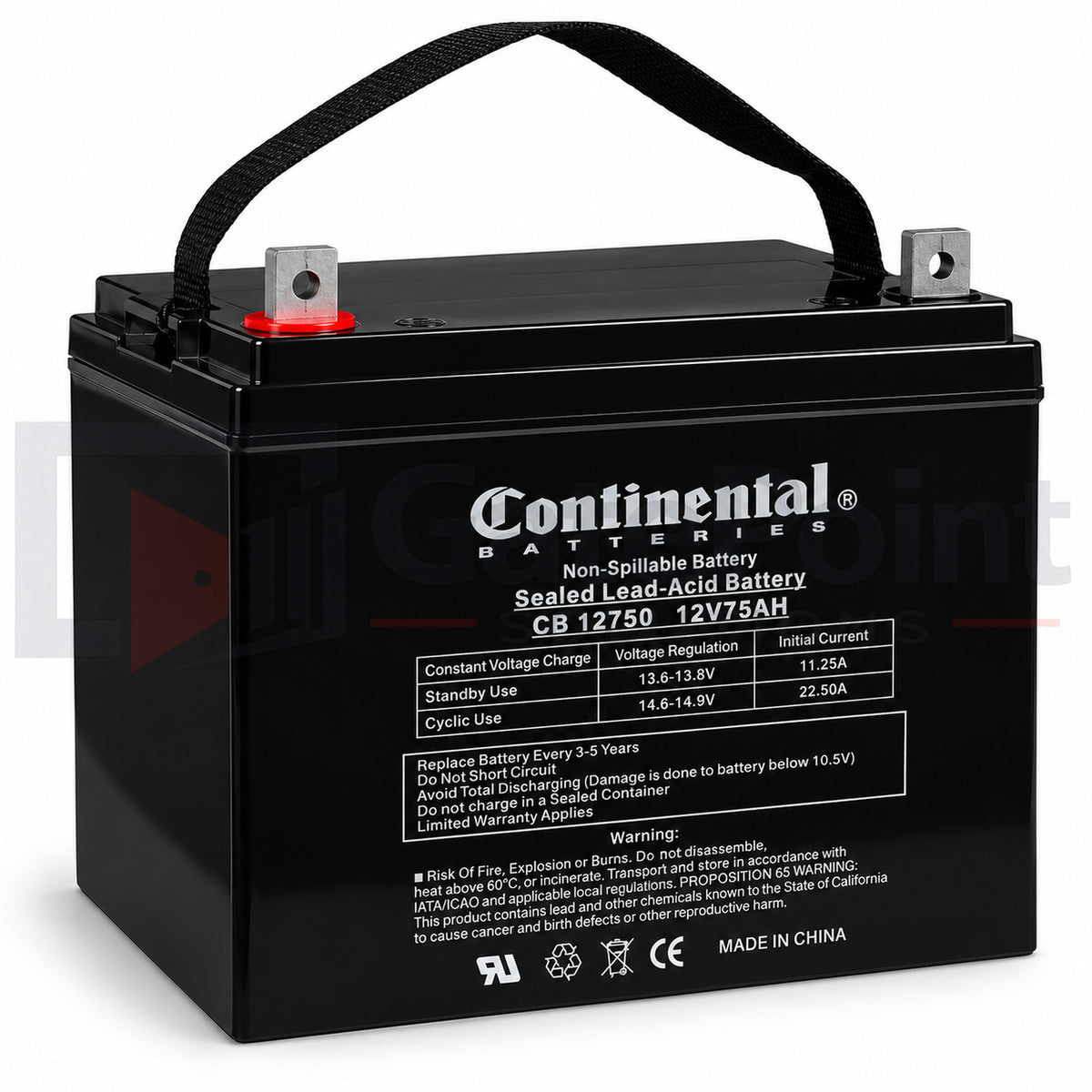 Continental 12V 75Ah Sealed Lead Acid SLA Battery with Nut & Bolt Terminals