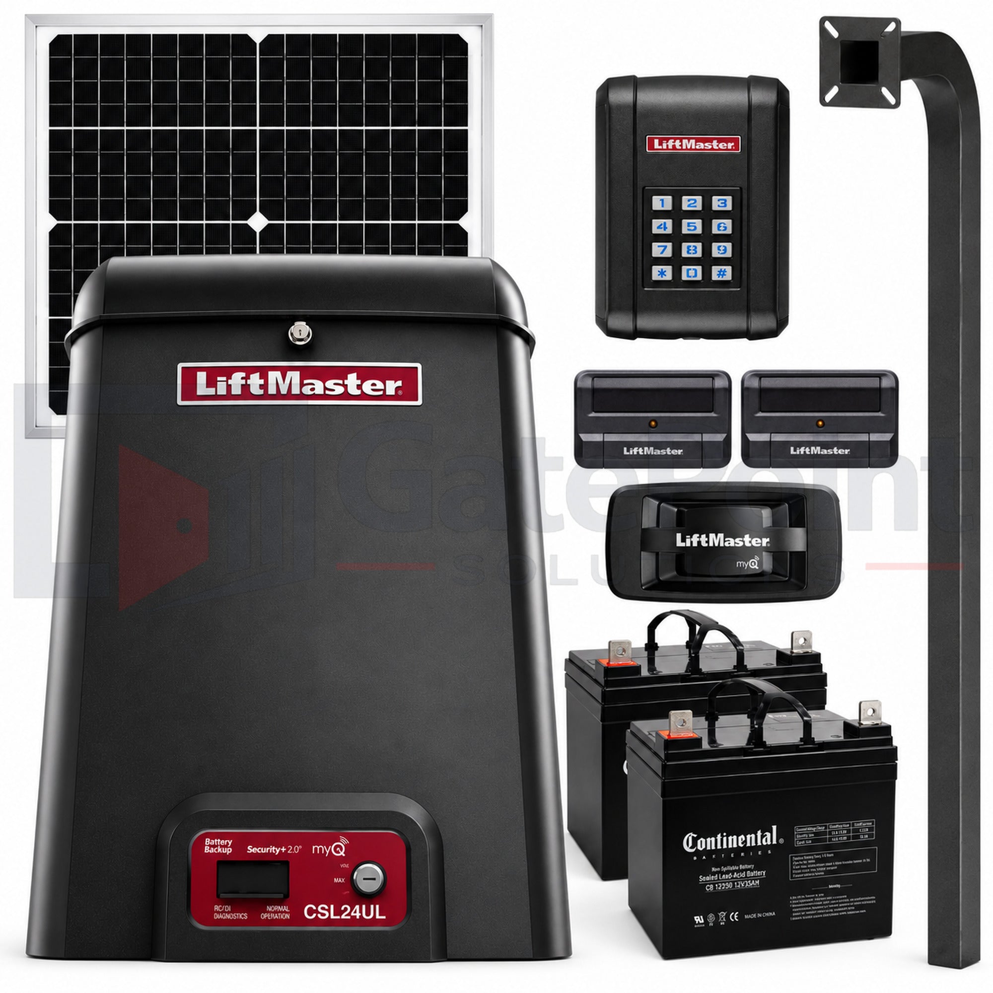 LiftMaster CSL24UL 24VDC High-Traffic Commercial Solar Slide Gate Operator Kit with KPW5 Wireless Keypad, (2) 811LMX Remotes, 828LM Internet Gateway, 30W Solar Panel & GatePoint Solutions 72" In-Ground Gooseneck Pedestal