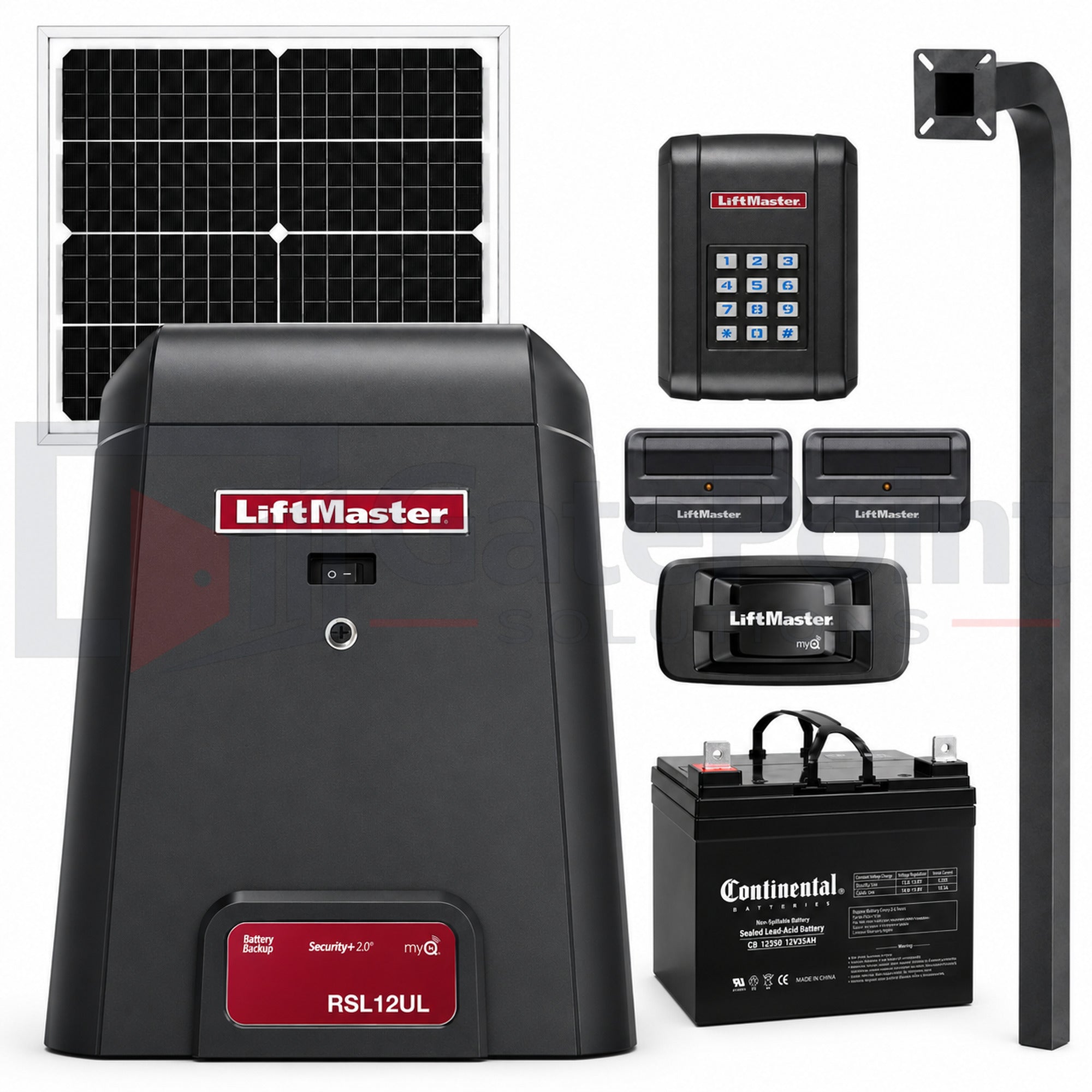 LiftMaster RSL12UL 12VDC Residential & Light Commercial Solar Slide Gate Operator Kit with KPW5 Wireless Keypad, (2) 811LMX Remotes, 828LM Internet Gateway, 20W Solar Panel & GatePoint Solutions 72" In-Ground Gooseneck Pedestal