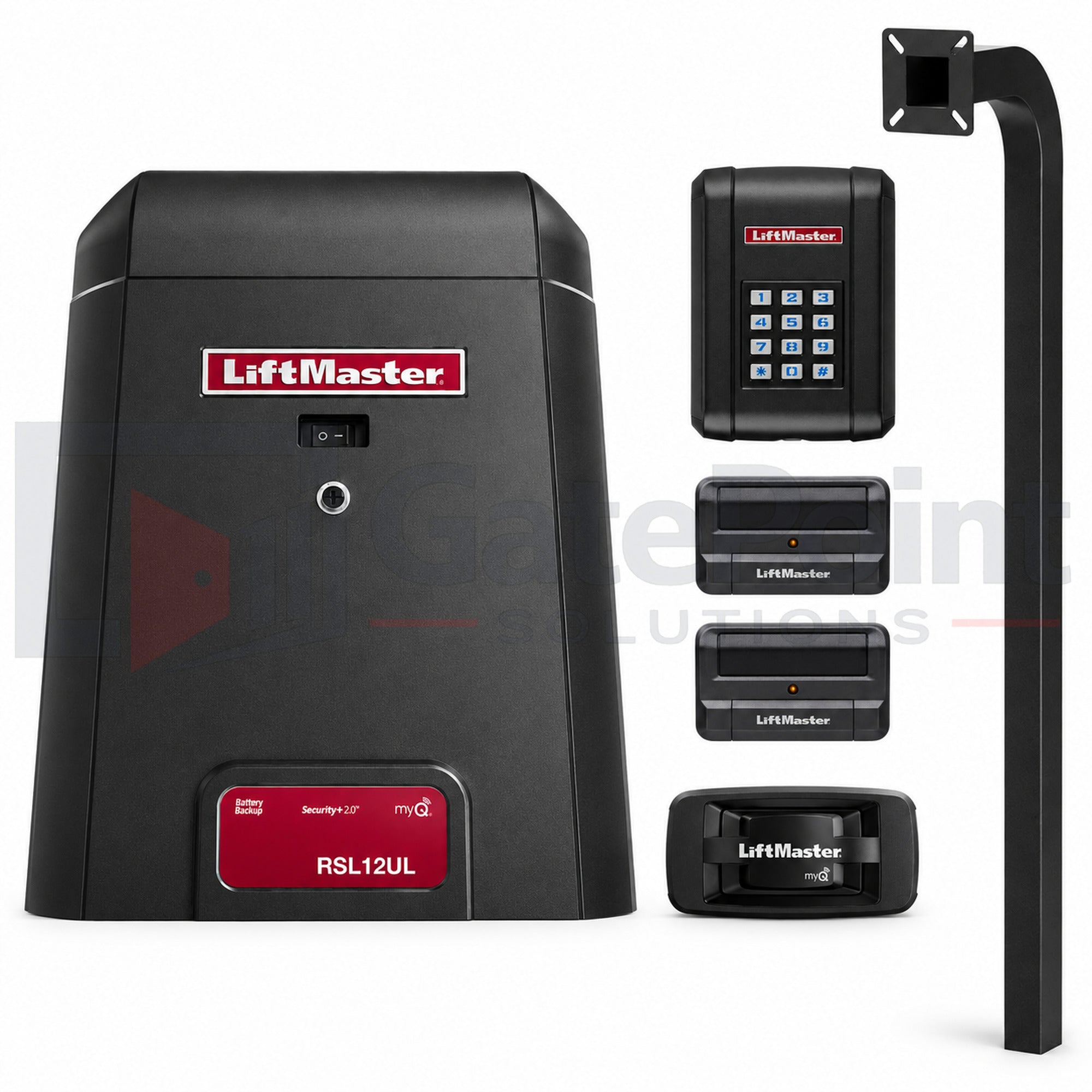 LiftMaster RSL12UL 12VDC Residential & Light Commercial Slide Gate Operator Kit with KPW5 Wireless Keypad, (2) 811LMX Remotes, 828LM Internet Gateway & GatePoint Solutions 72" In-Ground Gooseneck Pedestal