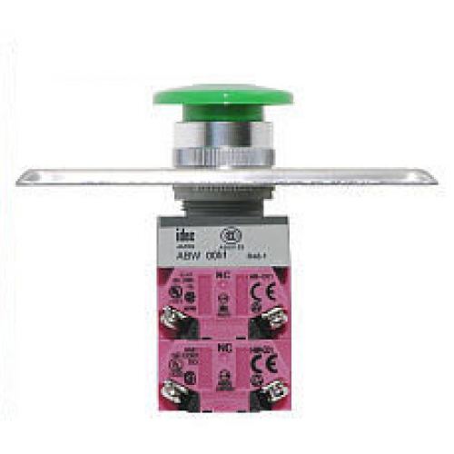 Request-to-Exit Plate with green mushroom cap push button, “Exit” and “Salida,” DPDT