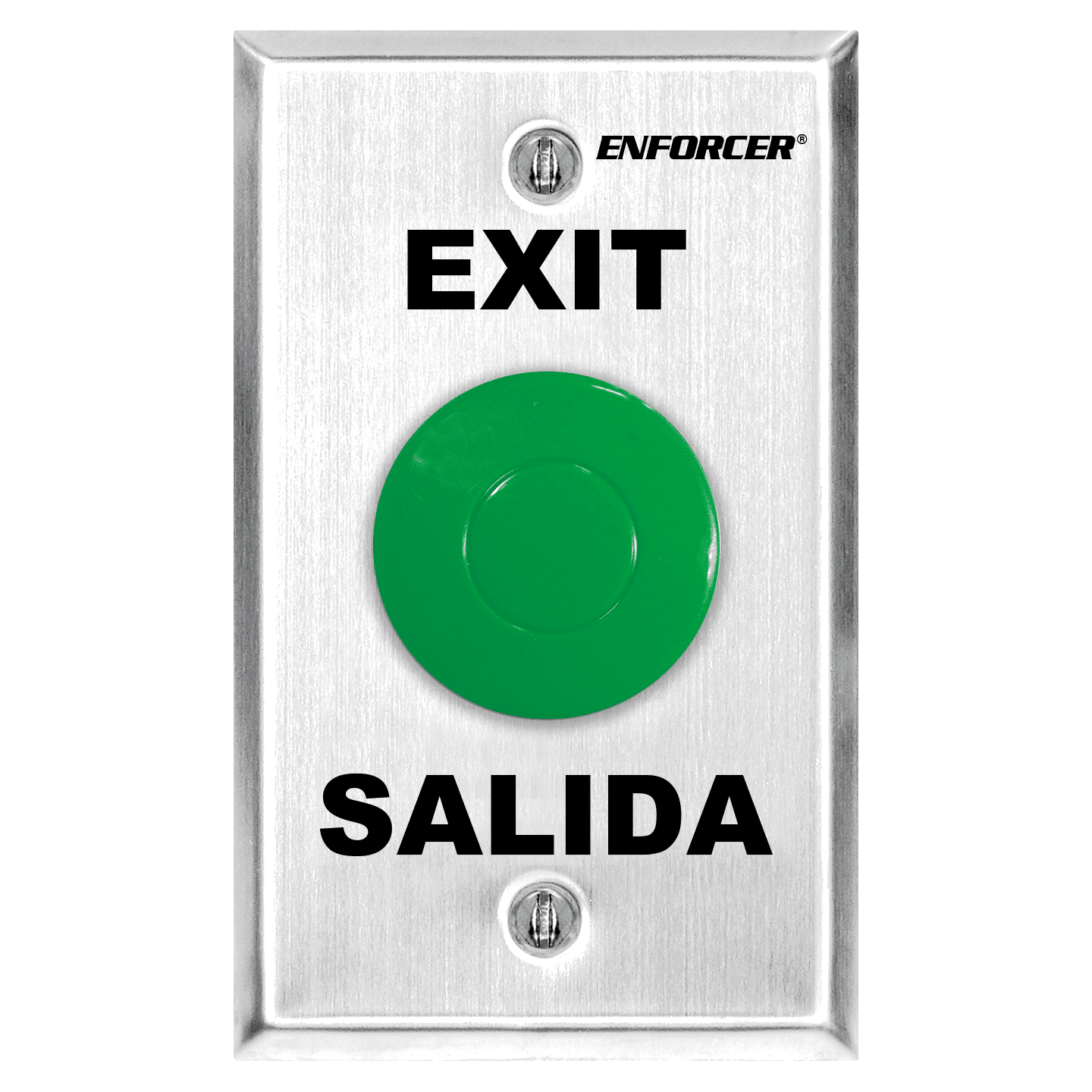 Request-to-Exit Plate with green mushroom cap push button, “Exit” and “Salida,” DPDT