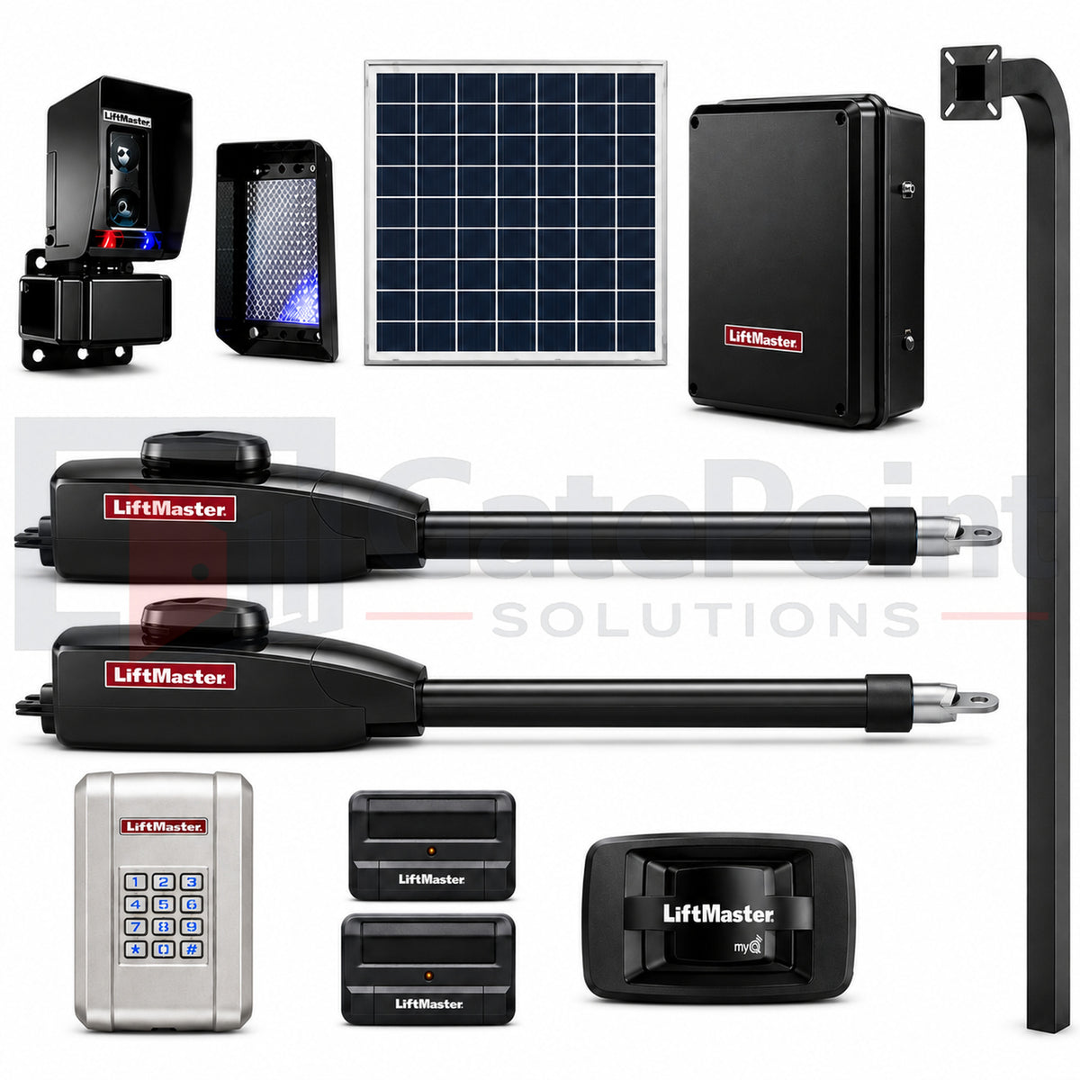 LiftMaster LA412PKGUL Dual Solar Swing Gate Operator Kit with KPW250, (2) 811LMX, 828LM & 72" Pedestal