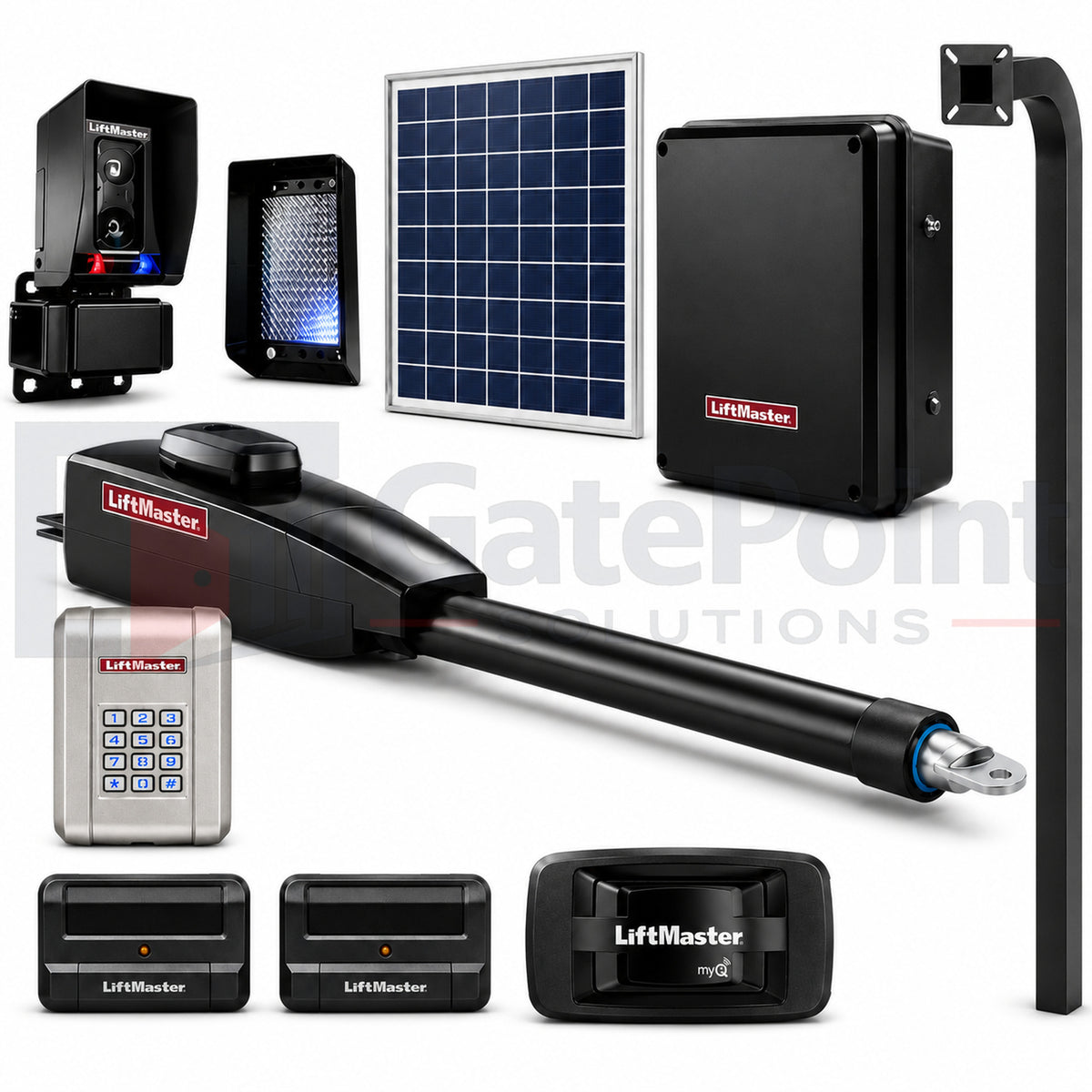 LiftMaster LA412PKGUL Single Solar Swing Gate Operator Kit with KPW250, (2) 811LMX, 828LM & 72" Pedestal