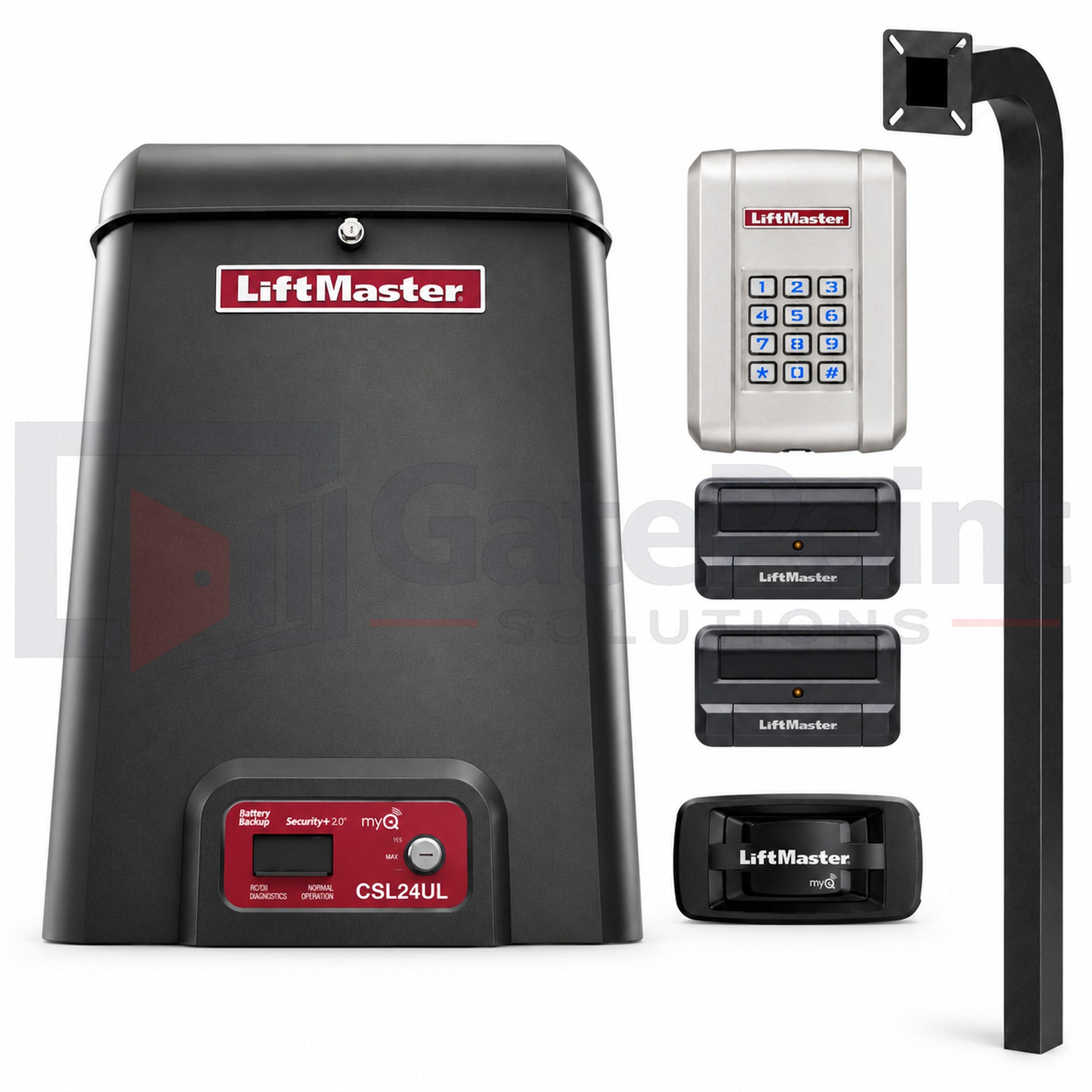 LiftMaster CSL24UL 24VDC High-Traffic Commercial Slide Gate Operator Kit with KPW250 Wireless Keypad, (2) 811LMX Remotes, 828LM Internet Gateway & GatePoint Solutions 72" In-Ground Gooseneck Pedestal