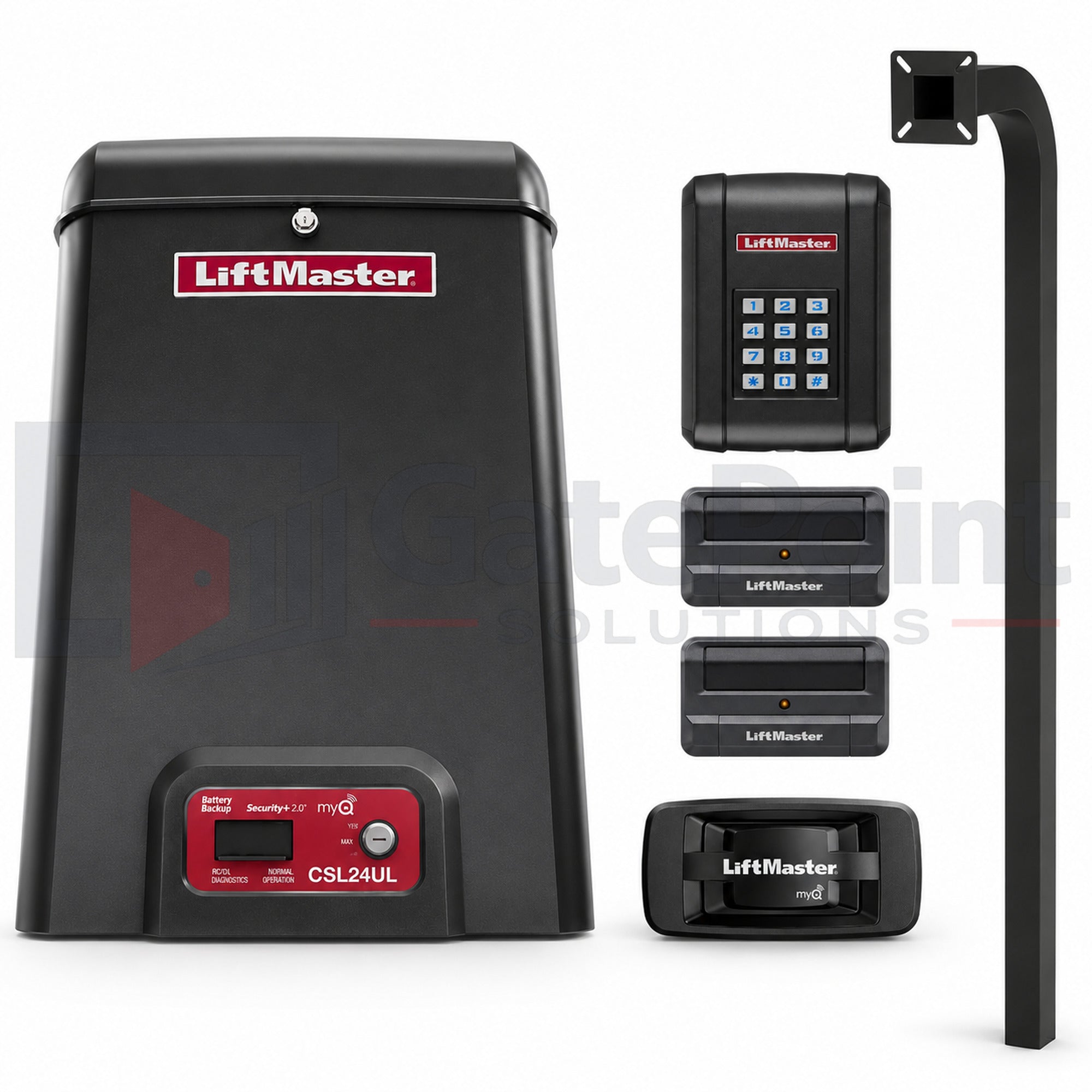 LiftMaster CSL24UL 24VDC High-Traffic Commercial Slide Gate Operator Kit with KPW5 Wireless Keypad, (2) 811LMX Remotes, 828LM Internet Gateway & GatePoint Solutions 72" In-Ground Gooseneck Pedestal