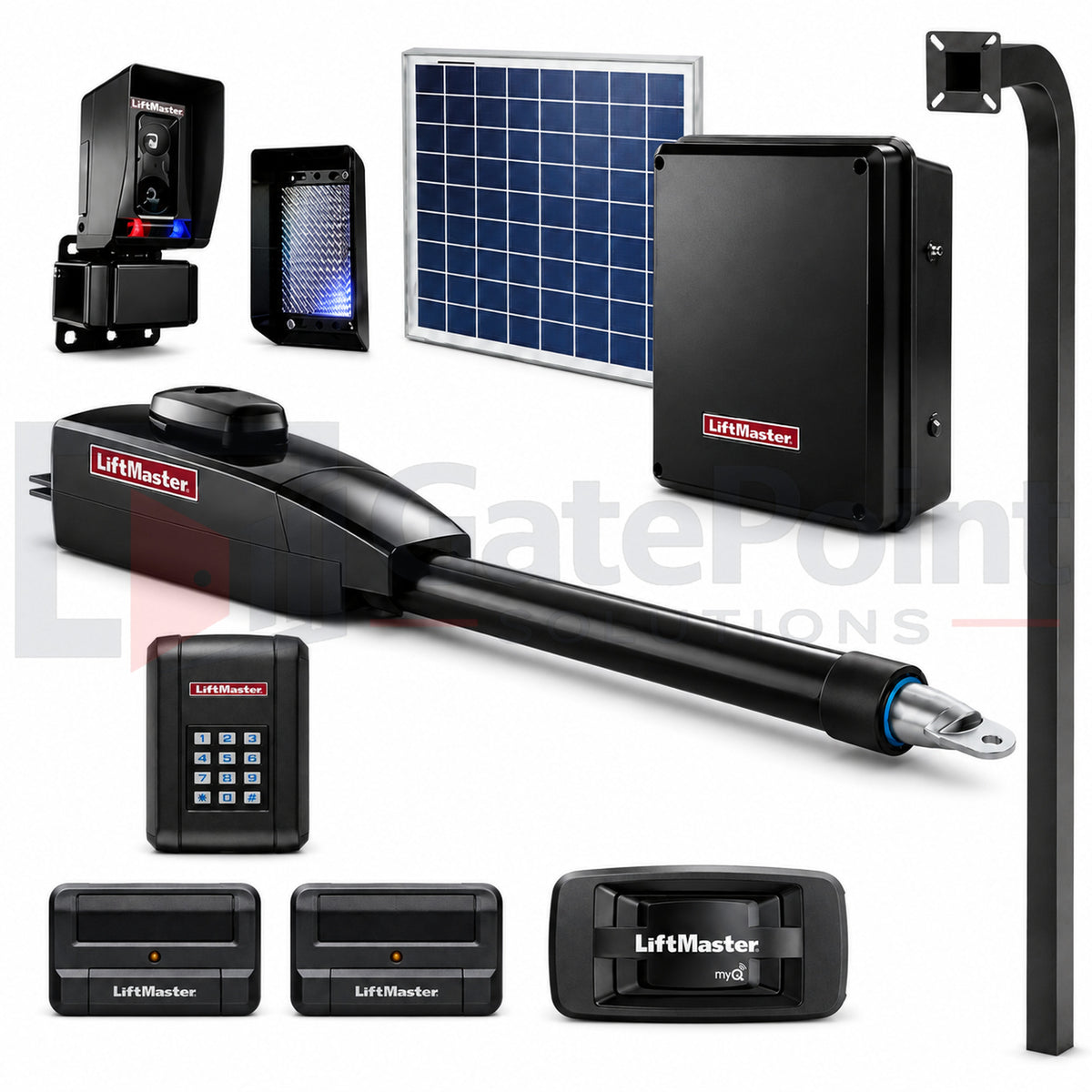 LiftMaster LA412PKGUL Single Solar Swing Gate Operator Kit with KPW5, (2) 811LMX, 828LM & 72" Pedestal