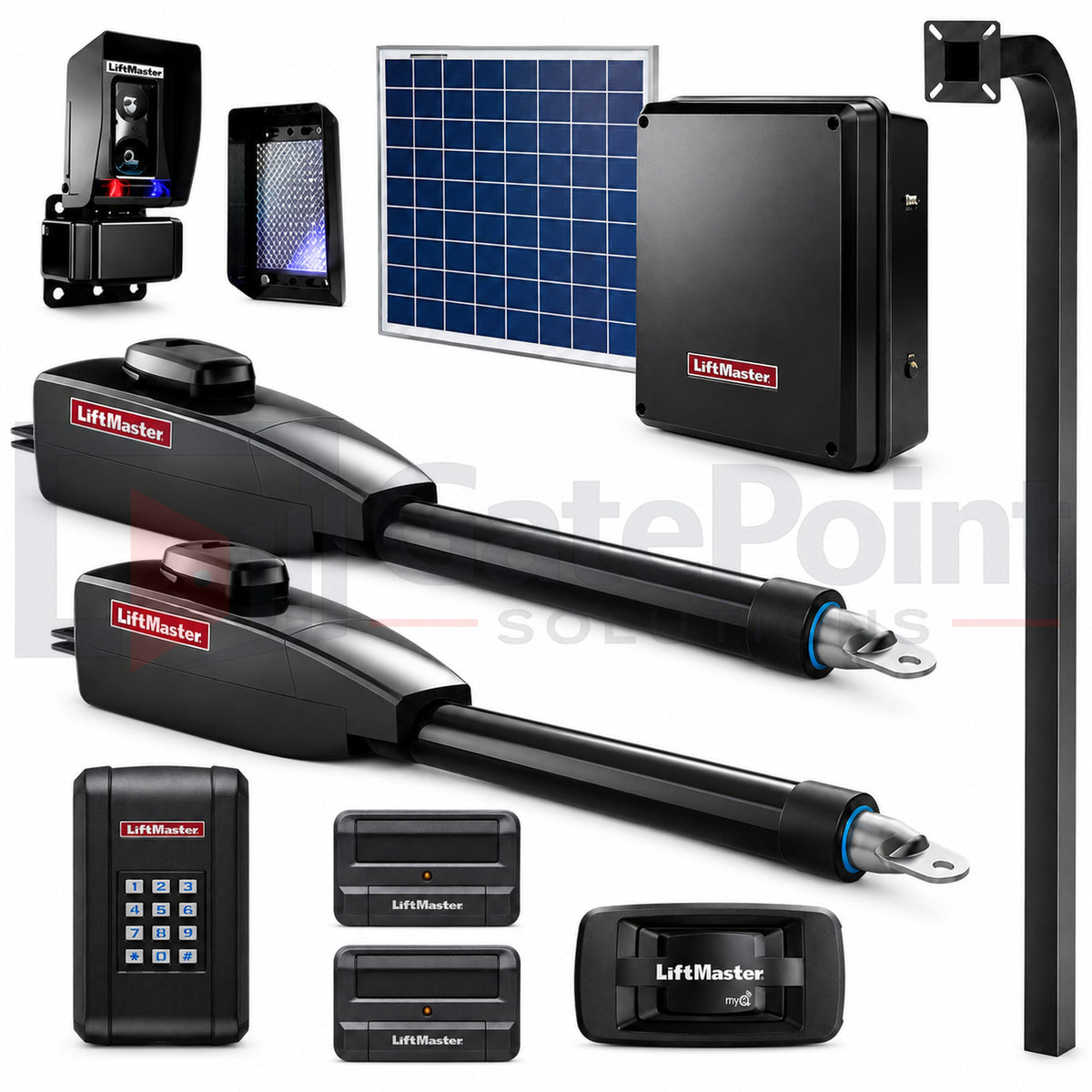 LiftMaster LA412PKGUL Dual Solar Swing Gate Operator Kit with KPW5, (2) 811LMX, 828LM & 72" Pedestal