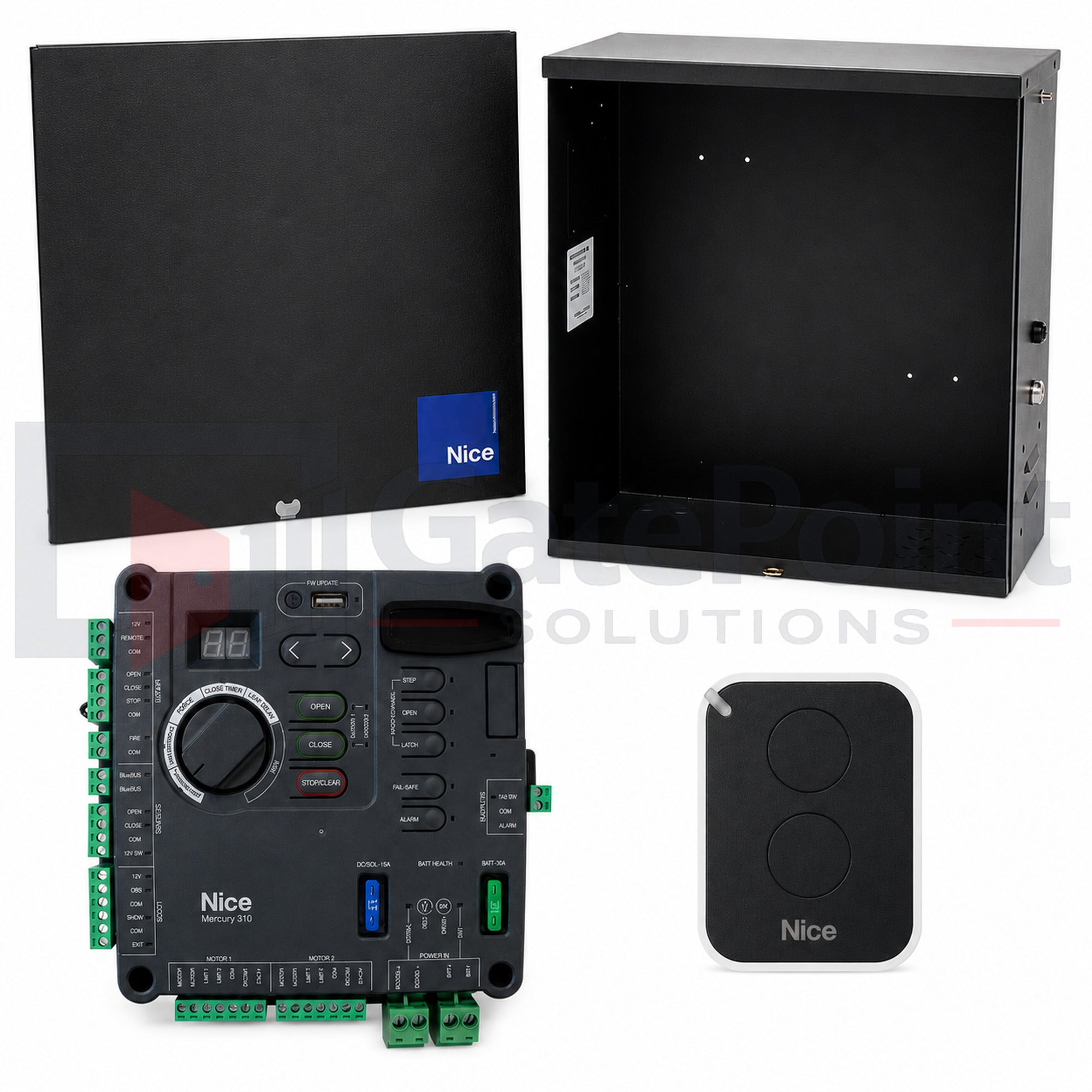 Nice Apollo O-CBOX310 Solar Control Box with Mercury 310 Controller, OXI Receiver & ON2E Remote – Black Steel